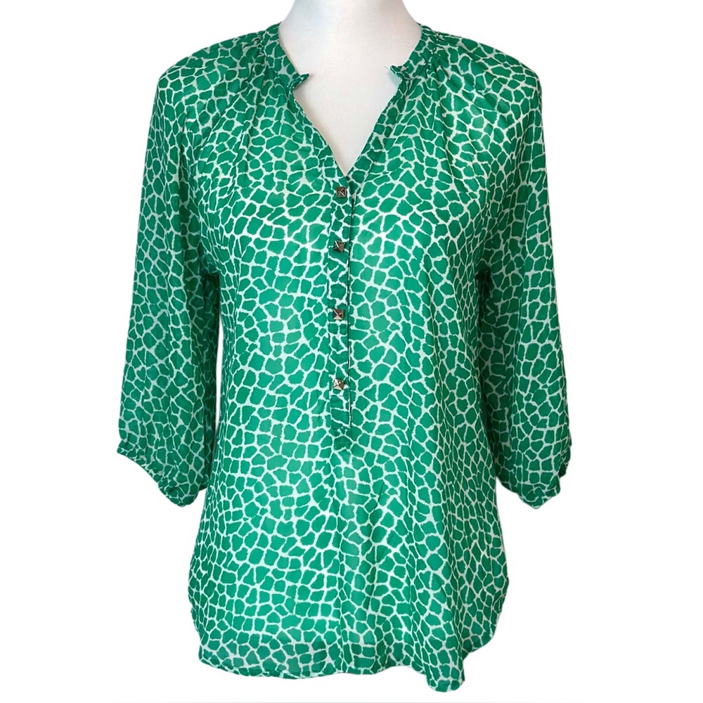 Bee Stitched Women's Sheer Animal Print 3/4 Sleeves Green White Top Sz S